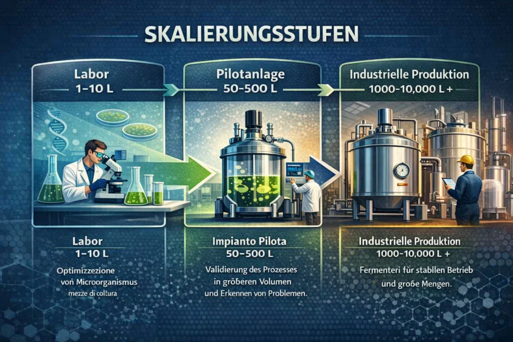 Schritte des Übergangsprozesses zur industriellen Maßstabung unter Verwendung von Bioreaktoren.