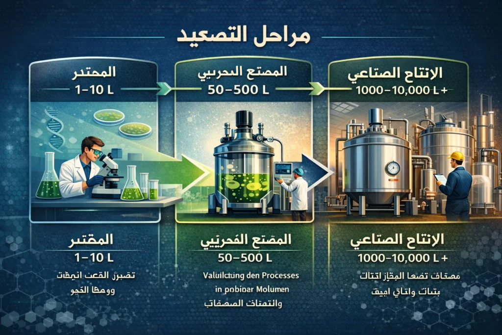 خطوات عملية الانتقال إلى الإنتاج الصناعي باستخدام المفاعلات الحيوية.