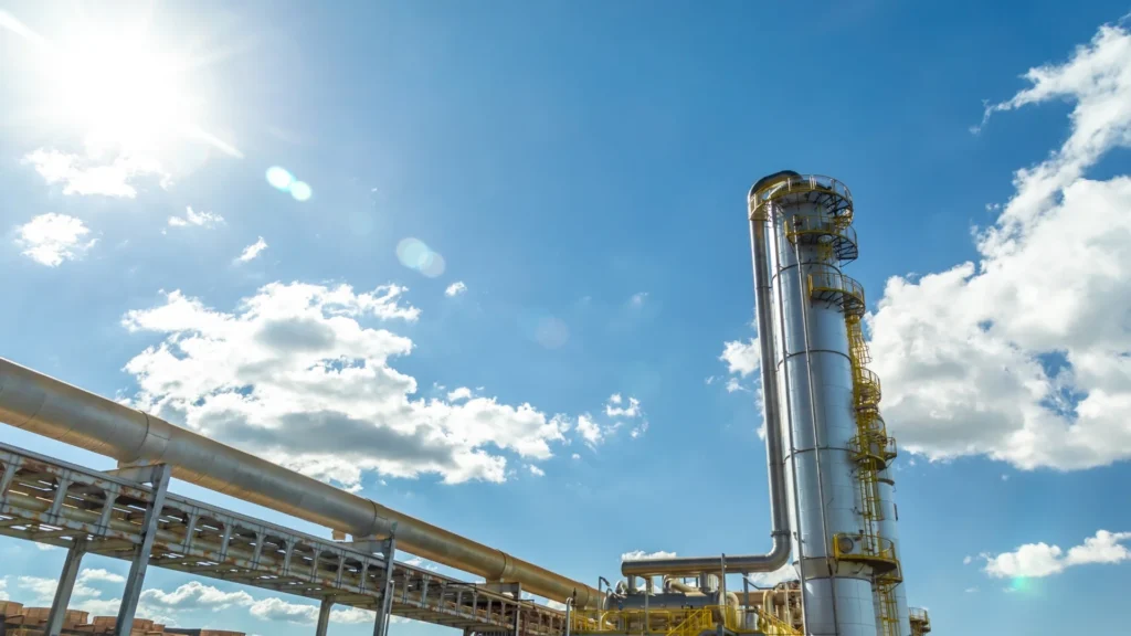 a large industrial plant with a blue sky and clouds