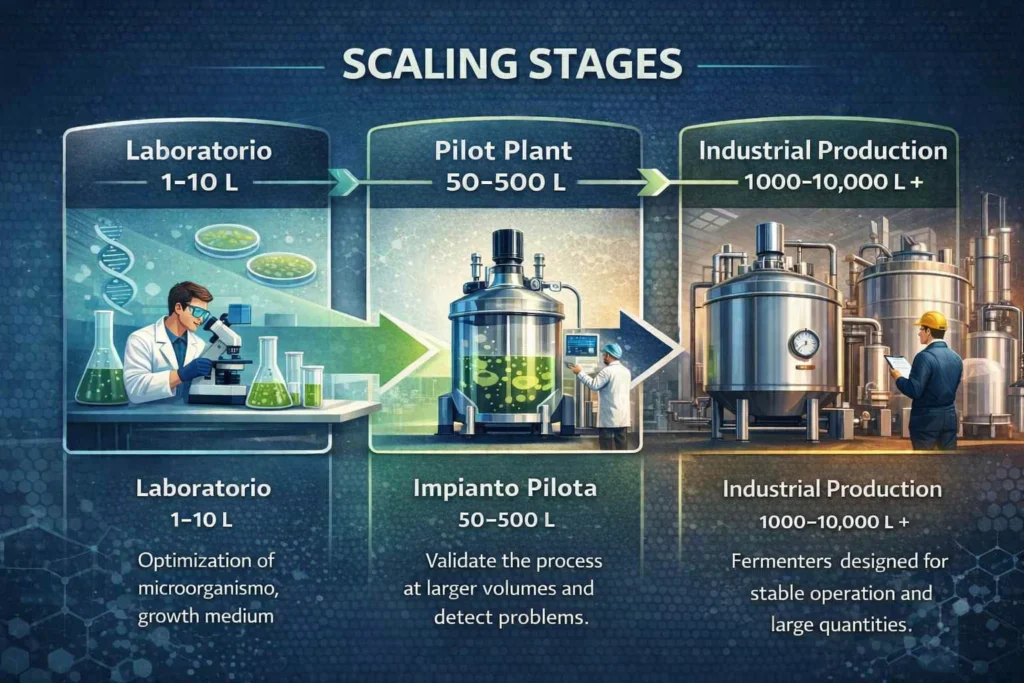 Stages of the industrial scale-up process using bioreactors.
