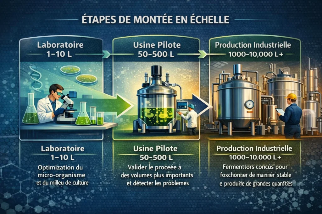 Étapes du processus de mise à l'échelle industrielle à l'aide de bioréacteurs.