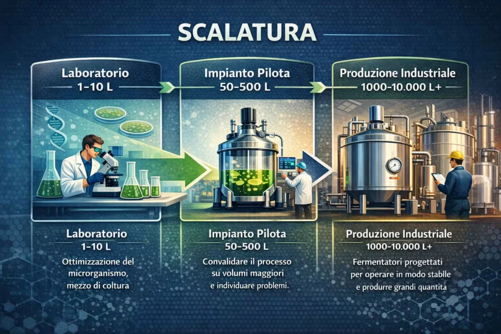 Fasi del processo di scalabilità industriale mediante bioreattori.