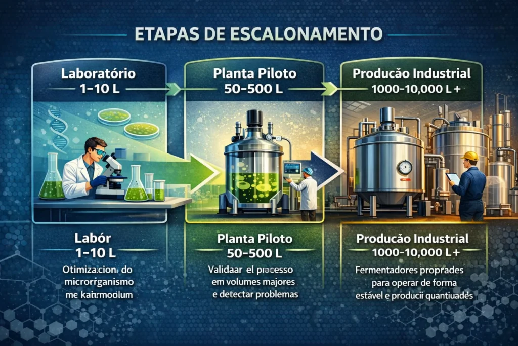 Etapas do processo de transição para a escala industrial utilizando biorreatores.