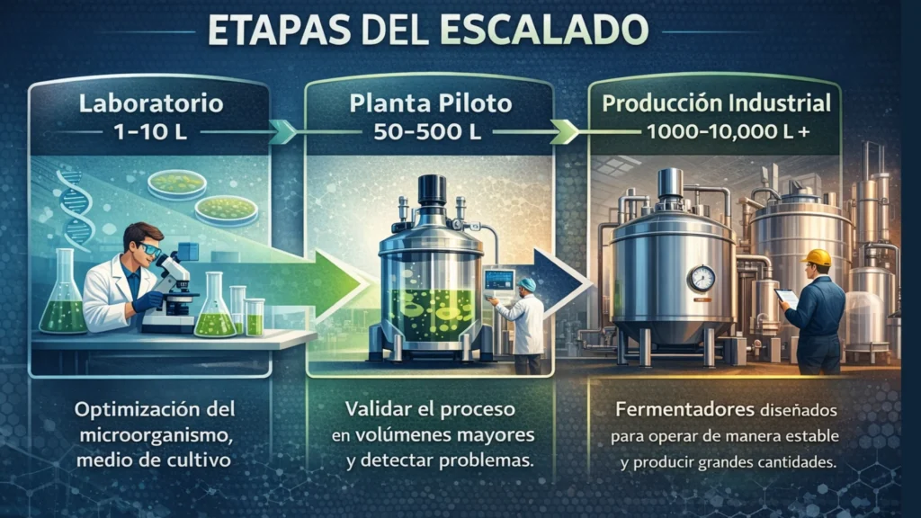 Etapas del proceso de escalado en industria con biorreactores.